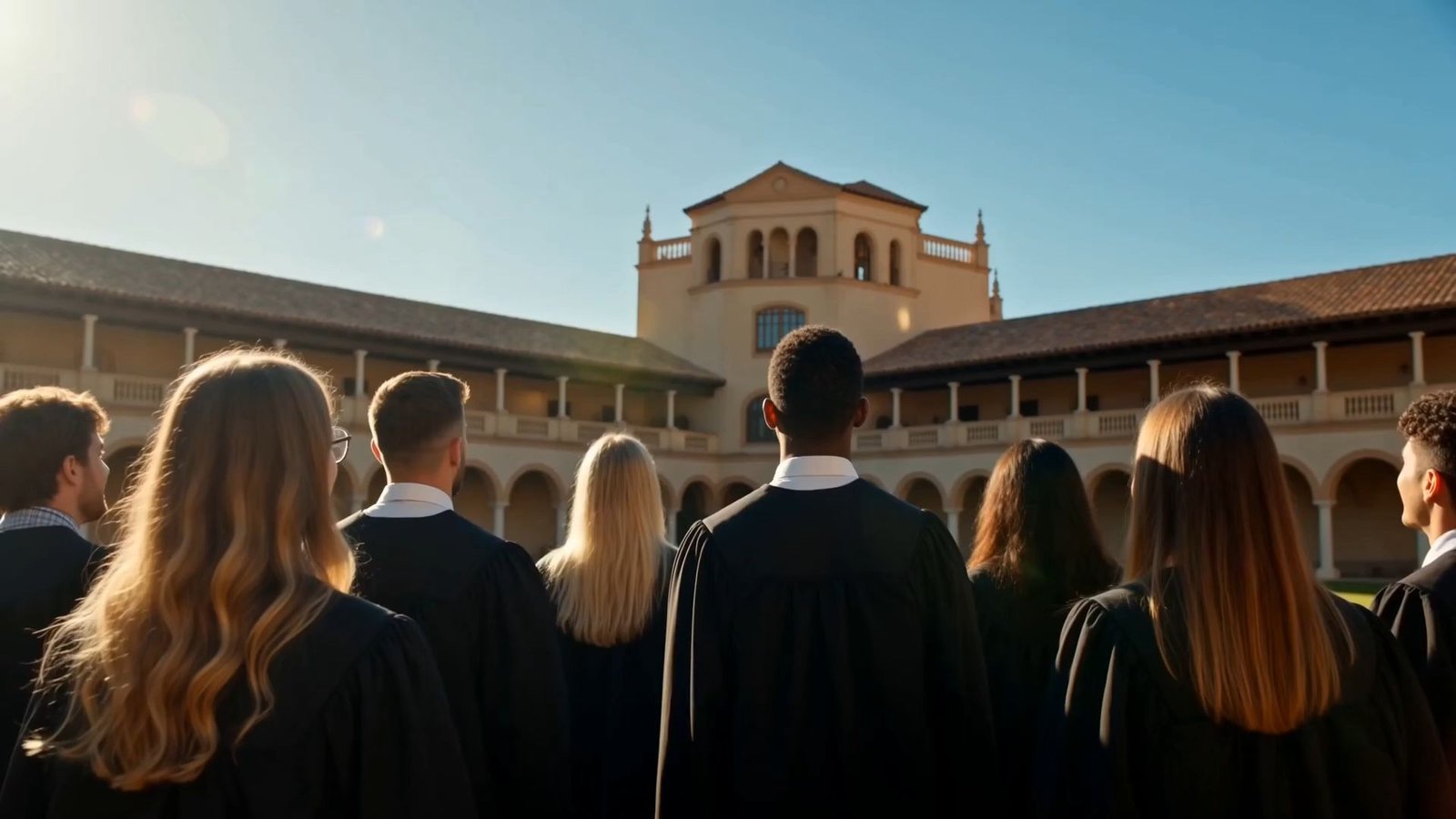 Étudiants lançant leur toque de diplômé devant un campus universitaire espagnol